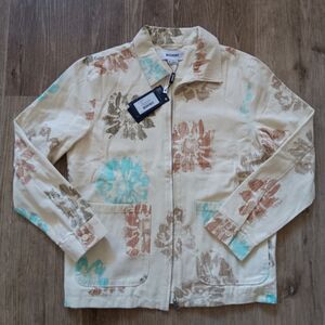 Denim Coat Jacket Women Medium Organic Cotton Zip Front Pockets Cream Floral NWT